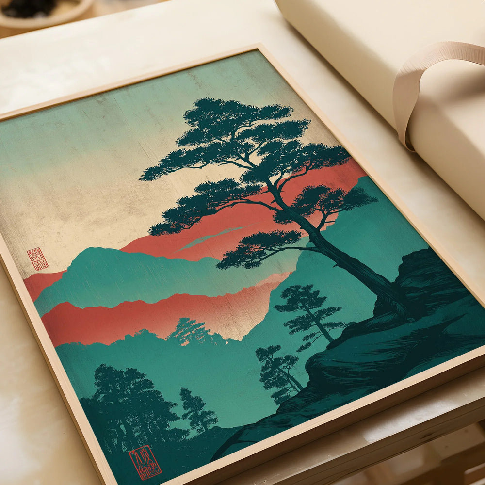 Framed Japanese woodblock art print featuring a pine tree and colorful mountain landscape
