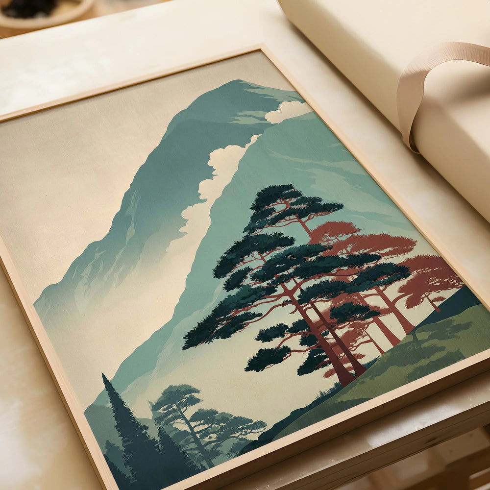 Framed Japanese woodblock mountain landscape art print with pine trees, unwrapped gift