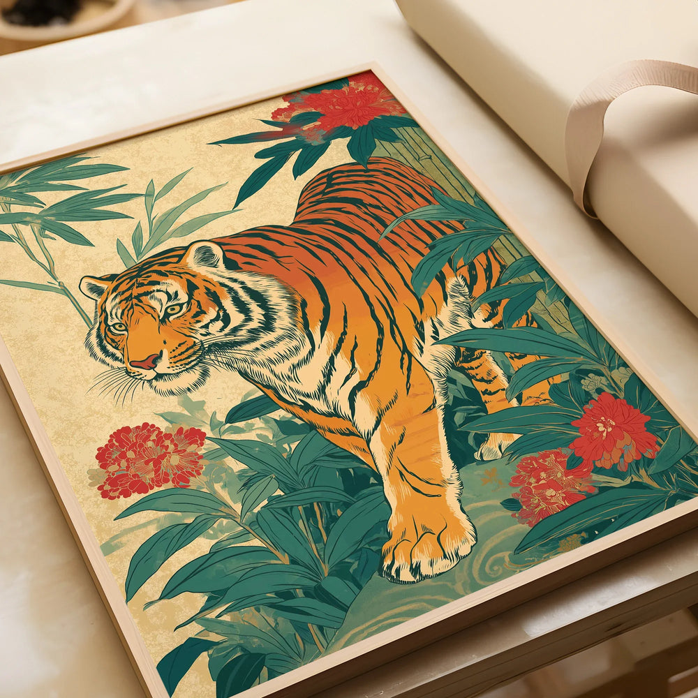 Framed Japanese tiger art print with bold stripes and floral jungle details, unwrapped on table.