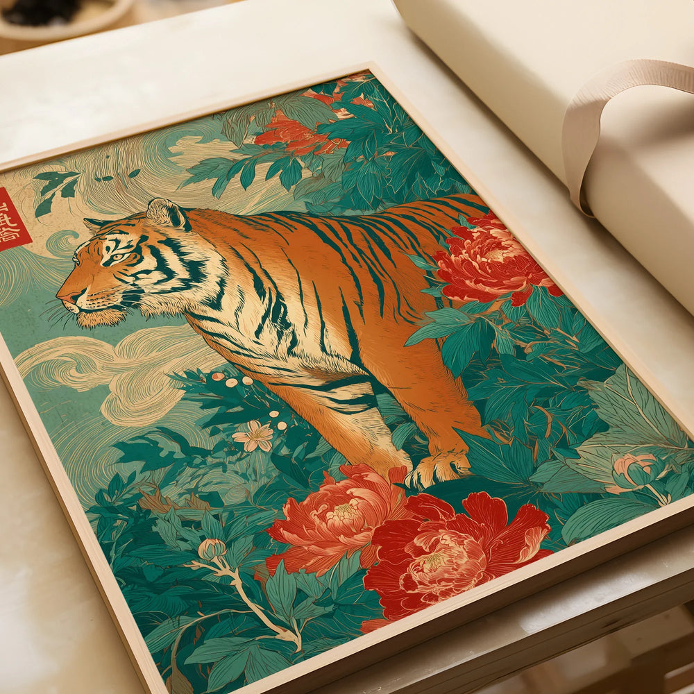 Framed art print of a Japanese tiger with vivid flowers and foliage, close-up view