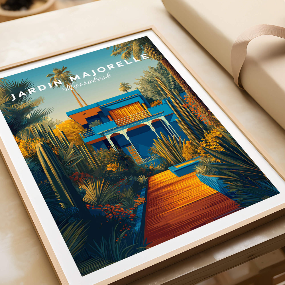 Jardim Majorelle Marrakesh Wall Art Print | Moroccan Blue Garden Travel Posters in a decorative frame.
