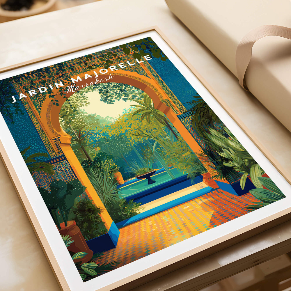 Jardim Majorelle Marrakesh Travel Posters | Moroccan Archway Garden Wall Art Print featuring vibrant archway and lush garden.