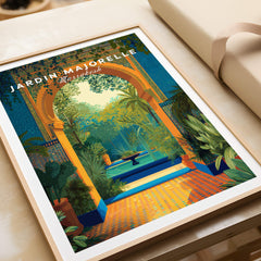 Jardim Majorelle Marrakesh Travel Posters | Moroccan Archway Garden Wall Art Print featuring vibrant archway and lush garden.