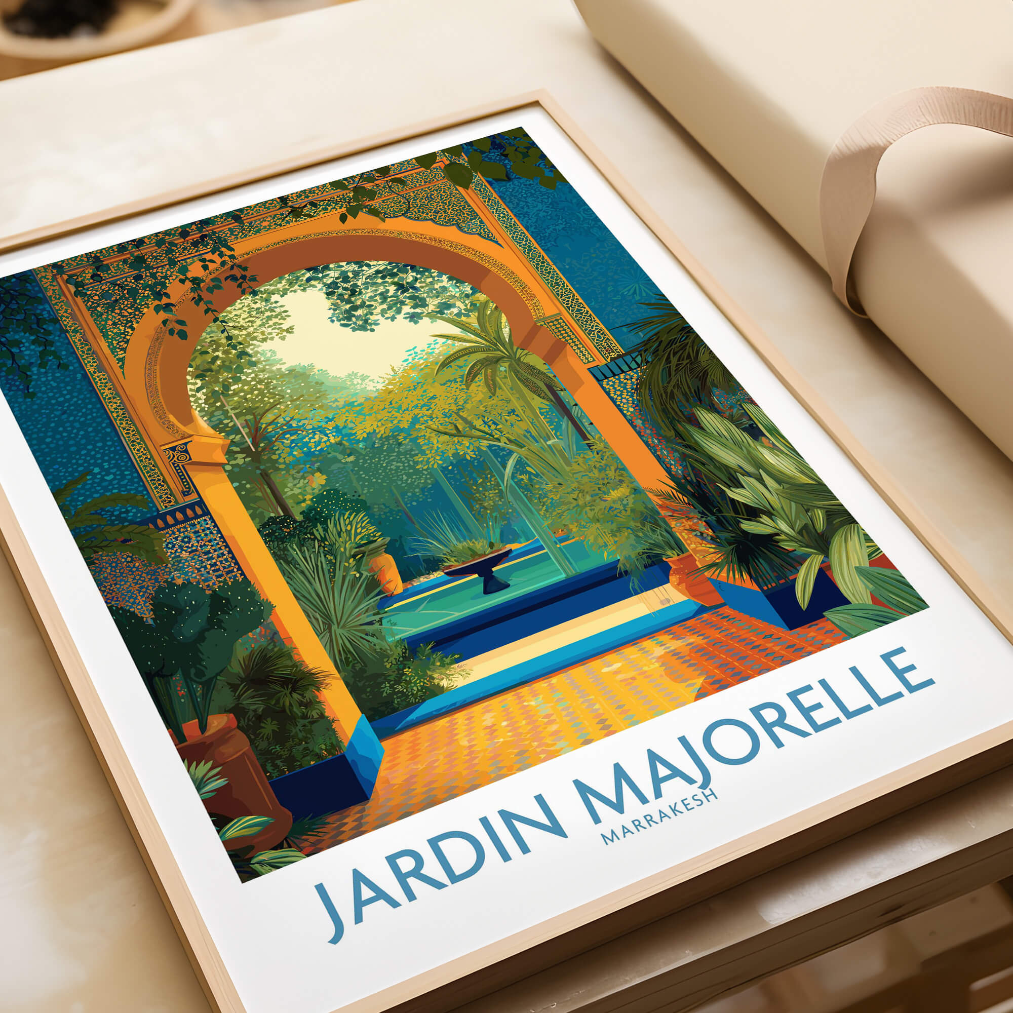 Jardim Majorelle Marrakesh Canvas Print | Tropical Oasis Landscape Poster in a framed artwork showcasing serene garden scenery.