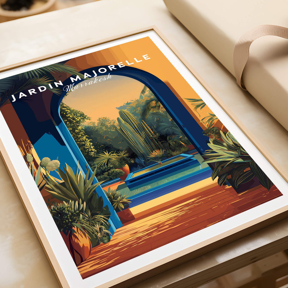 Jardim Majorelle Marrakesh Travel Posters | Garden Fountain Scene Wall Art Print, vibrant print of a serene garden landscape.
