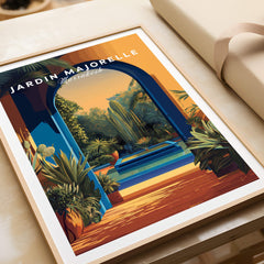 Jardim Majorelle Marrakesh Travel Posters | Garden Fountain Scene Wall Art Print, vibrant print of a serene garden landscape.