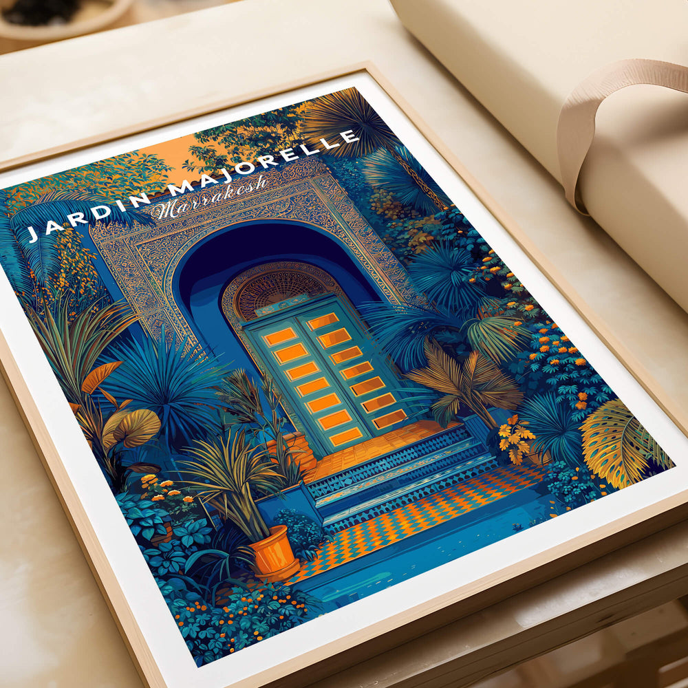 Jardim Majorelle Marrakesh Wall Art Print | Ornate Moroccan Doorway Travel Posters featuring an intricate doorway and lush foliage.