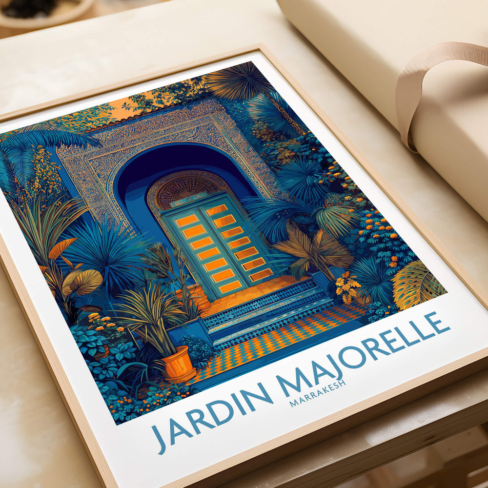 Jardim Majorelle Marrakesh Posters | Detailed Blue Architecture Canvas Print featuring vibrant blue door and lush greenery.