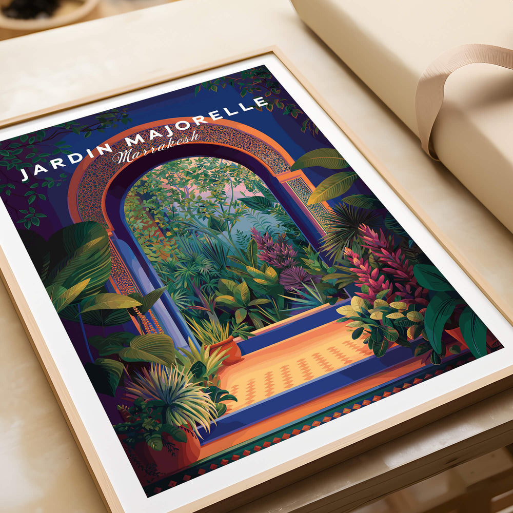 Jardim Majorelle Marrakesh Travel Poster | Lush Tropical Garden Wall Art Print featuring vibrant foliage and exotic plants.