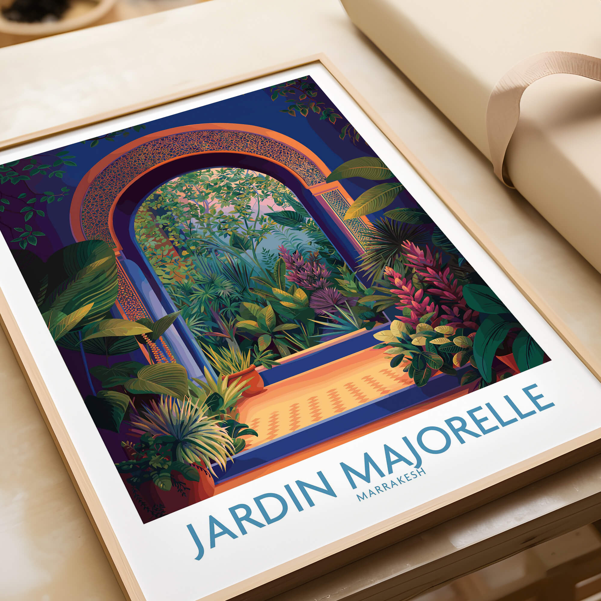 Jardim Majorelle Marrakesh Canvas Print | Colorful Moroccan Landscape Poster displayed on a table with vibrant colors.