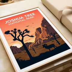 Joshua Tree National Park art print with sunset, rocky landscape, Joshua trees, and bighorn sheep