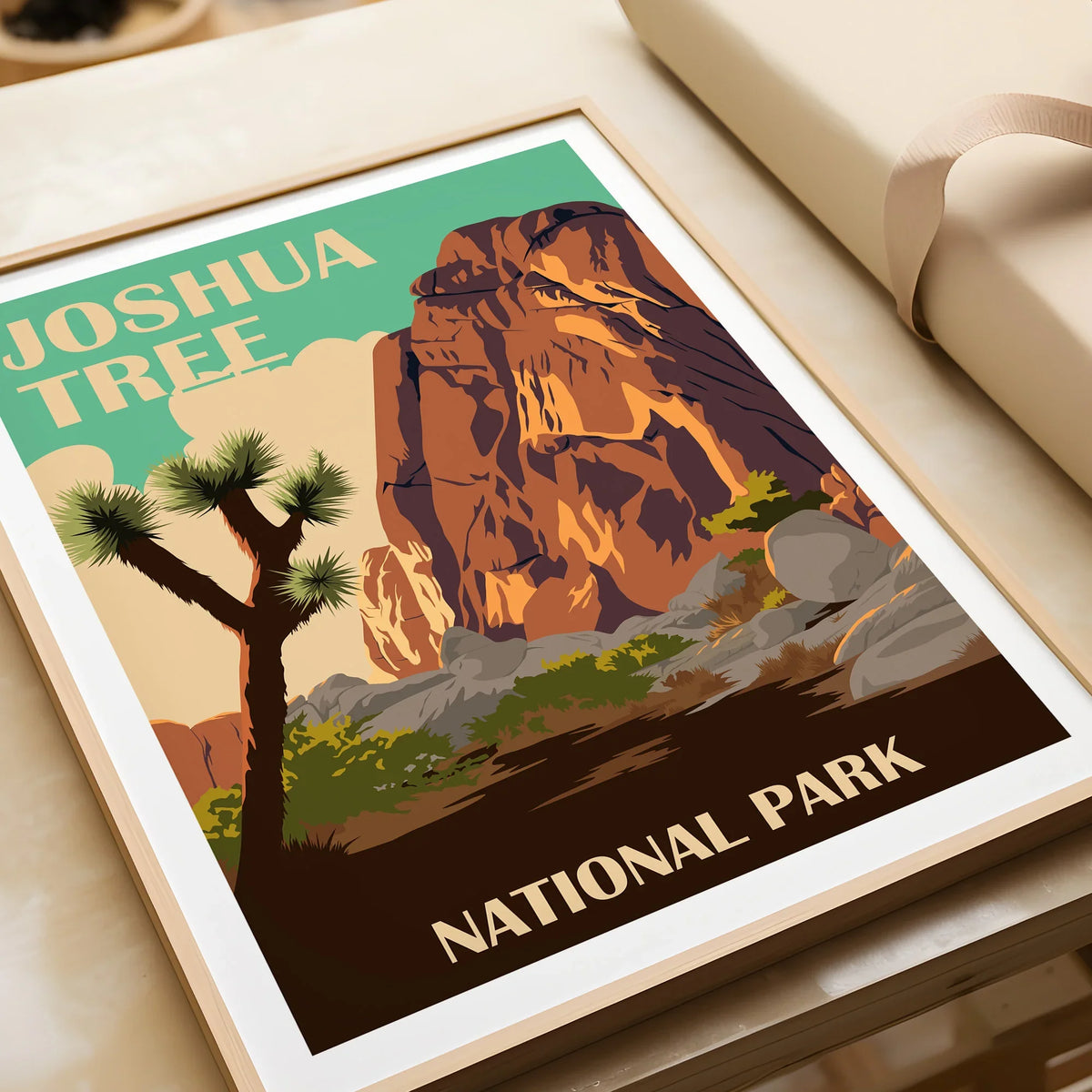 Framed Joshua Tree National Park art print with desert landscape illustration