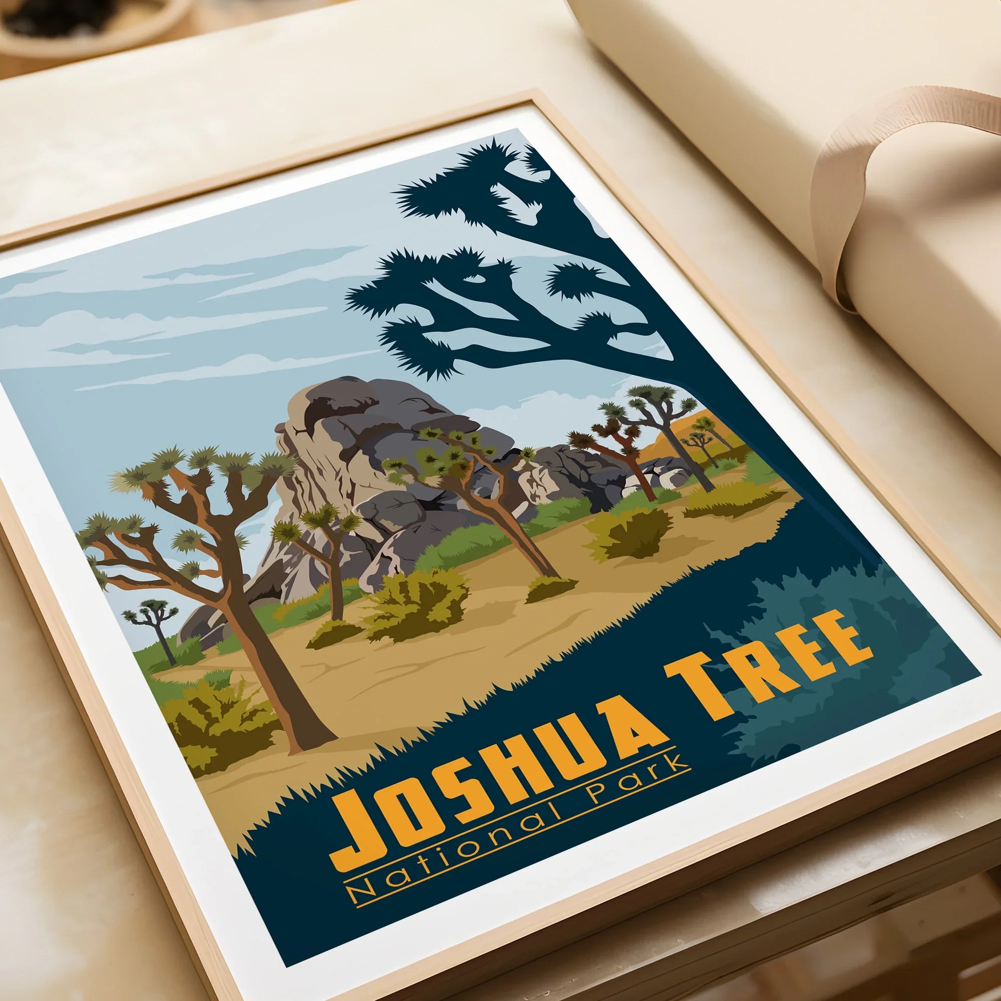 Framed Joshua Tree National Park travel poster, desert landscape art print, unwrapped gift