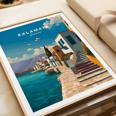 Kalamata Greece Wall Art Print | Mediterranean Seaside Town Travel Poster showcasing vibrant waterfront scenery.