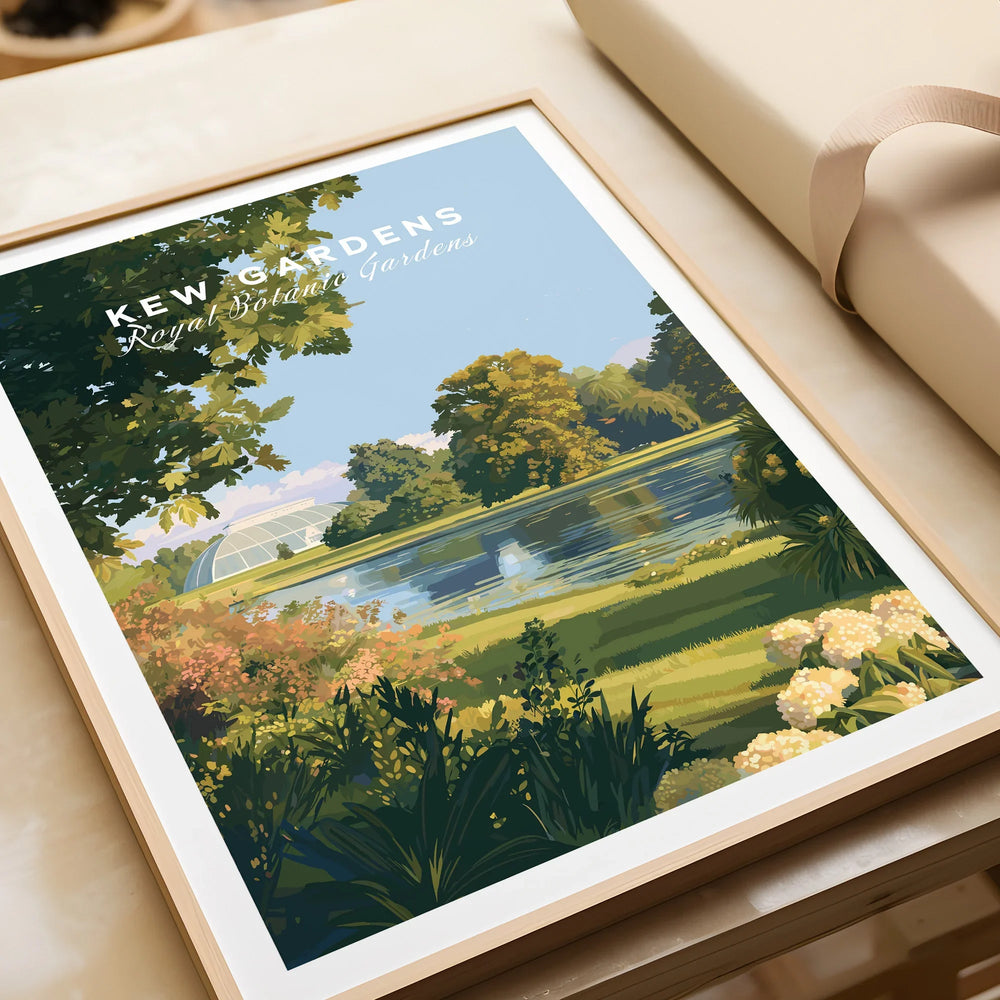 Framed Kew Gardens travel art print showing scenic botanical garden landscape by a pond.