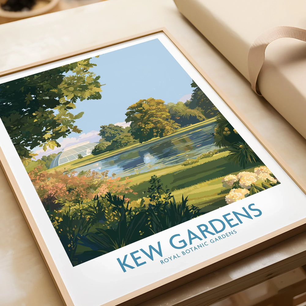 Framed Kew Gardens art print close-up with botanical landscape and reflection pond.