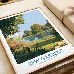 Framed Kew Gardens art print close-up with botanical landscape and reflection pond.