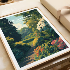 Framed Kew Gardens art print with colorful botanical illustration, unwrapped and ready for gifting