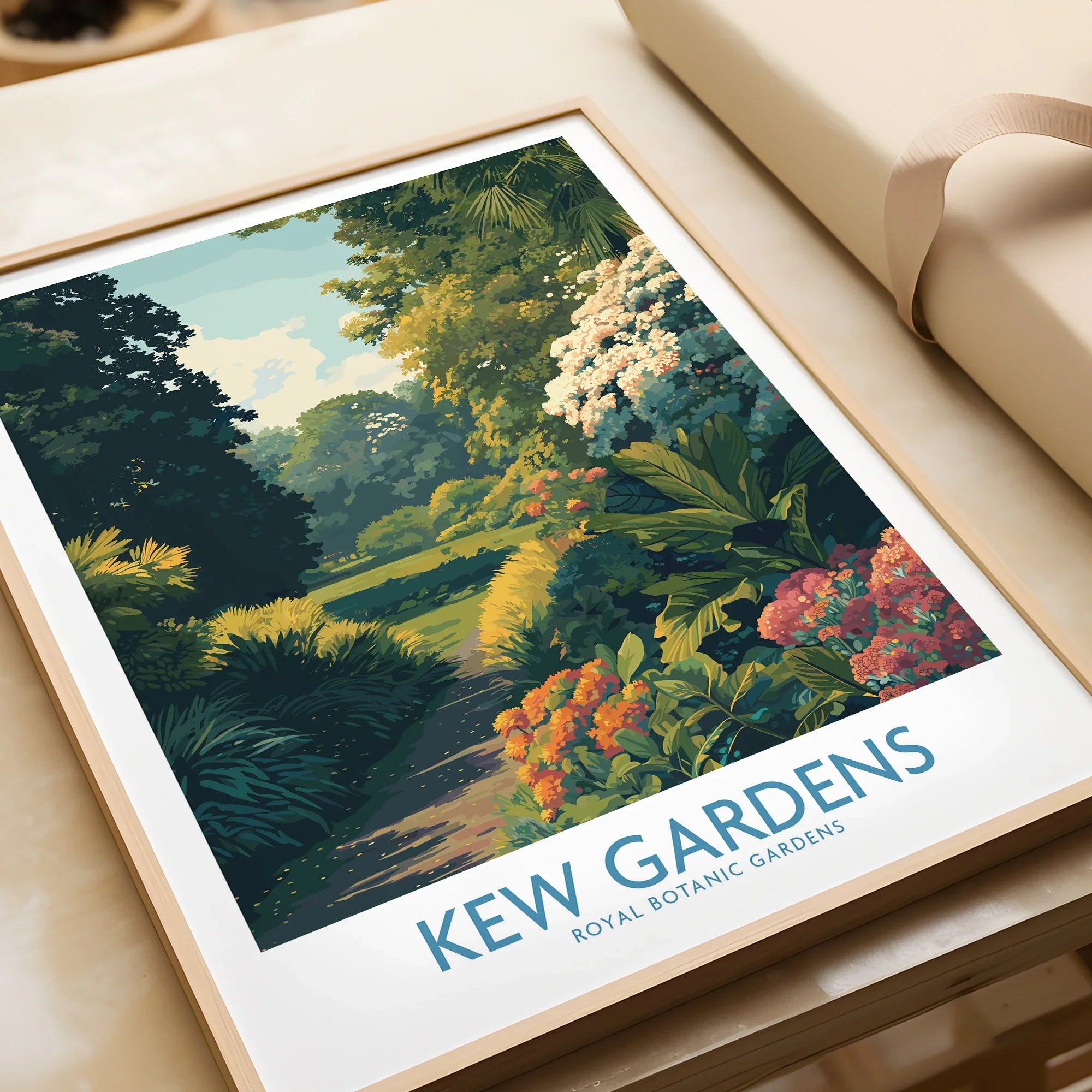 Framed Kew Gardens art print featuring lush greenery and colorful flowers, unwrapped gift.