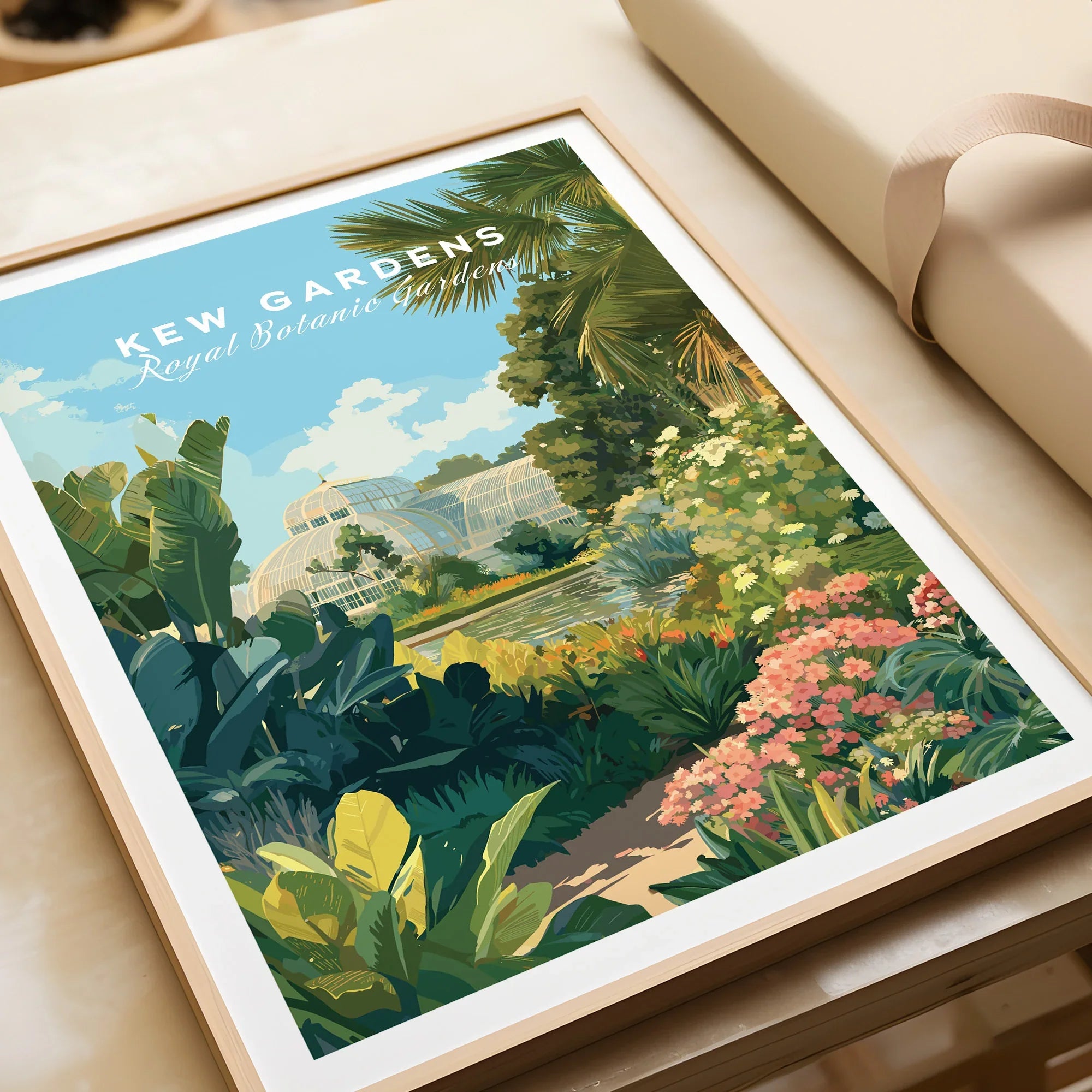 Framed Kew Gardens travel poster art print with lush greenery and glasshouse illustration