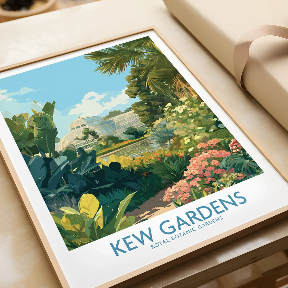 Framed Kew Gardens art print with vibrant botanical illustration, unwrapped on a table.