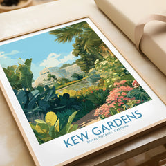 Framed Kew Gardens art print with vibrant botanical illustration, unwrapped on a table.
