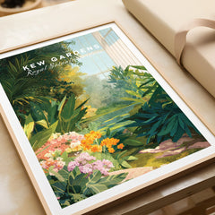 Framed Kew Gardens art print with colorful botanical illustration and natural wood frame