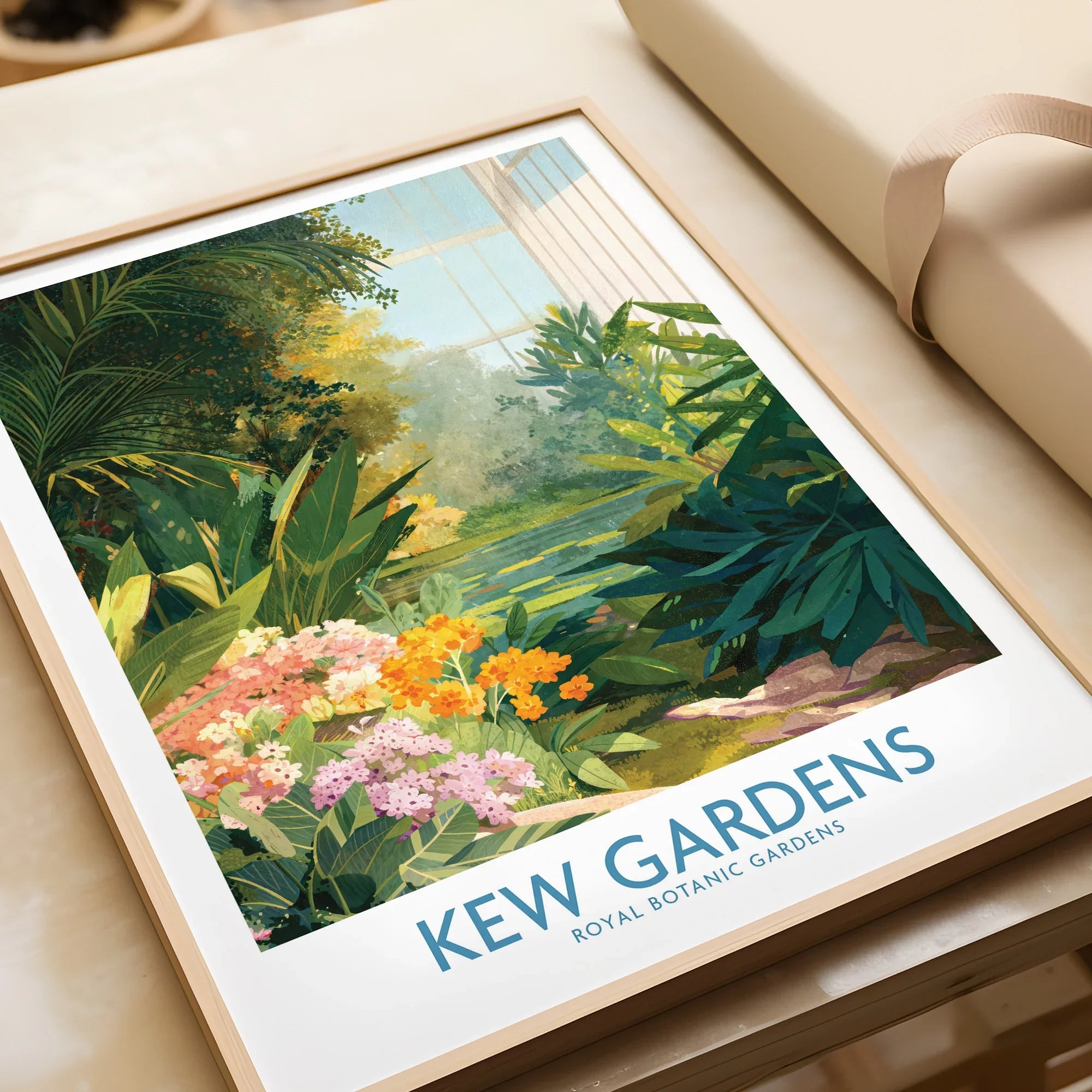 Framed Kew Gardens art print with vibrant foliage and flowers, unwrapped as a gift.