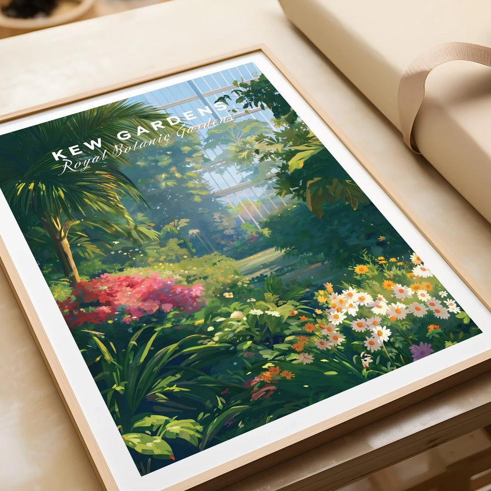 Framed Kew Gardens art print with colorful botanical garden scene, natural wood frame