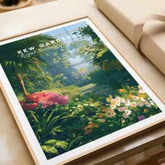 Framed Kew Gardens art print with colorful botanical garden scene, natural wood frame