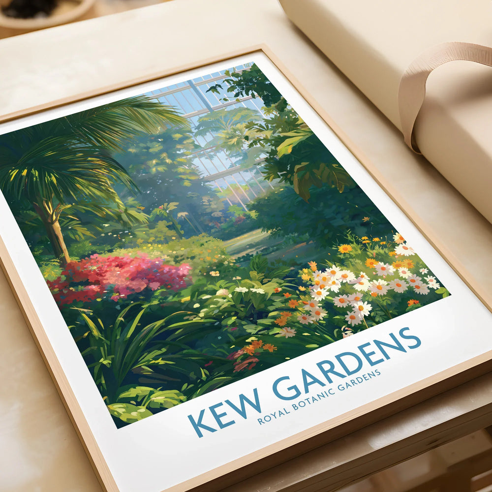 Framed Kew Gardens art print with vibrant flowers and greenery, unwrapped on a table.