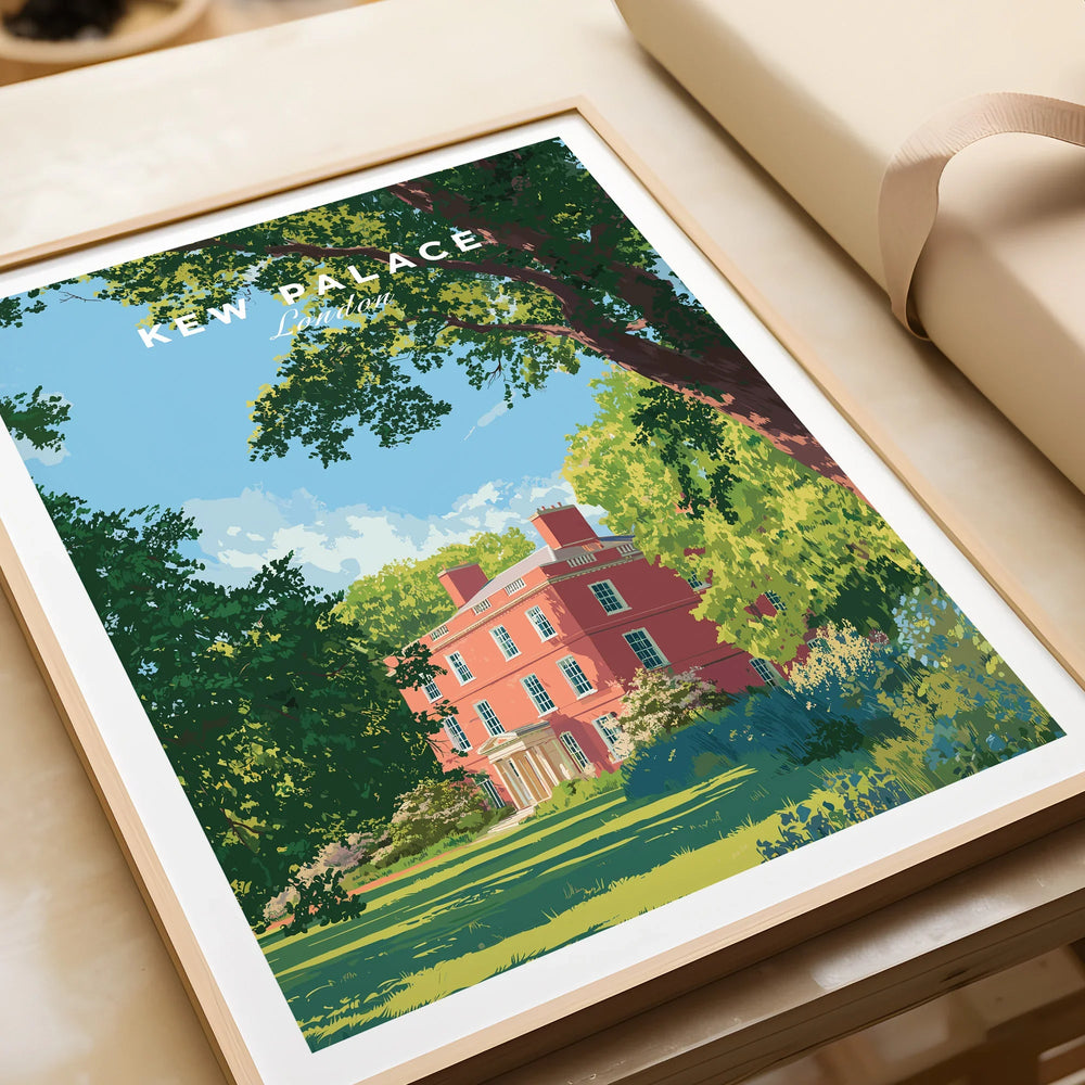Framed Kew Palace London travel art print with lush green trees and blue sky