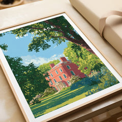 Framed Kew Palace London travel art print with lush green trees and blue sky