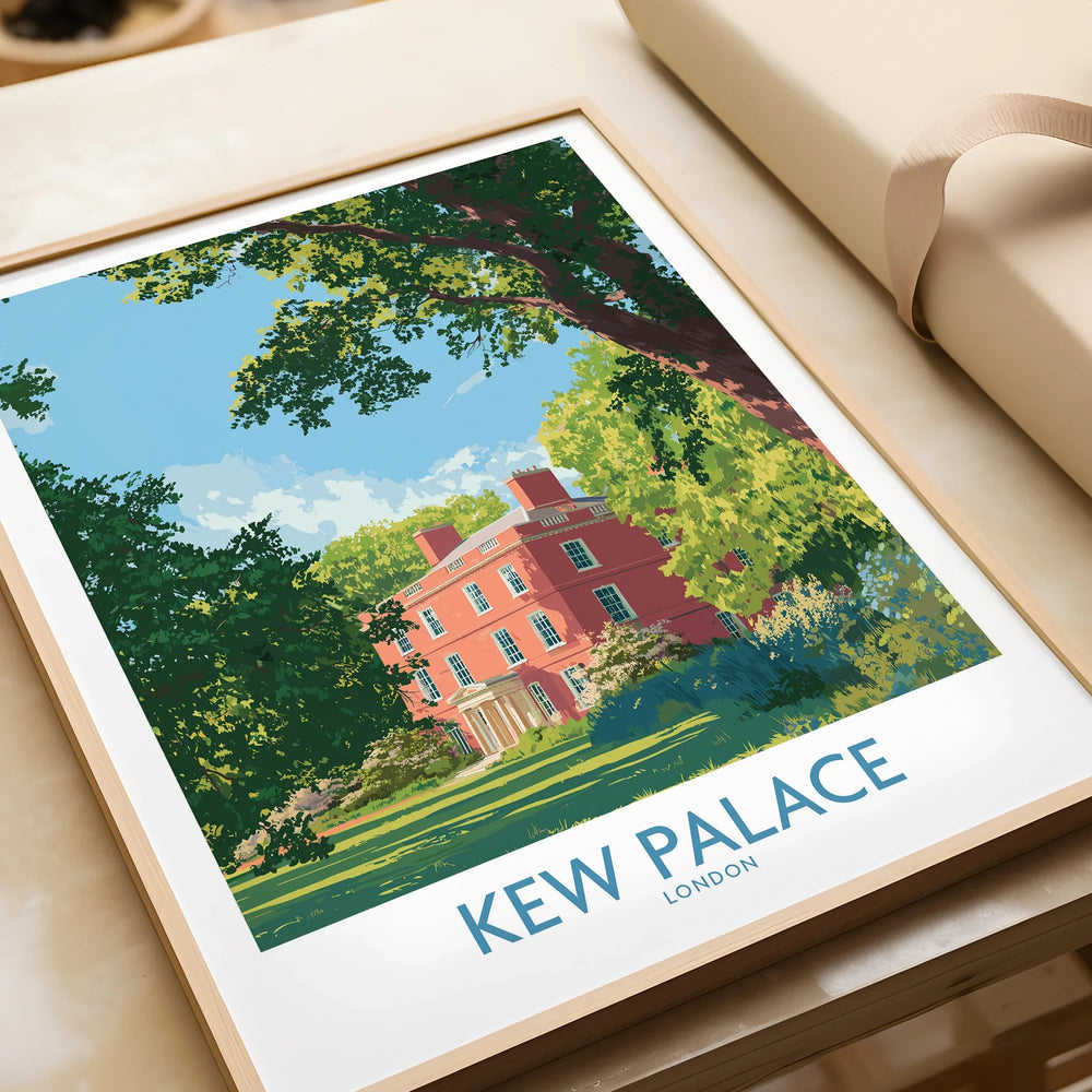 Framed Kew Palace London art print, vivid illustration with lush greenery, unwrapped gift