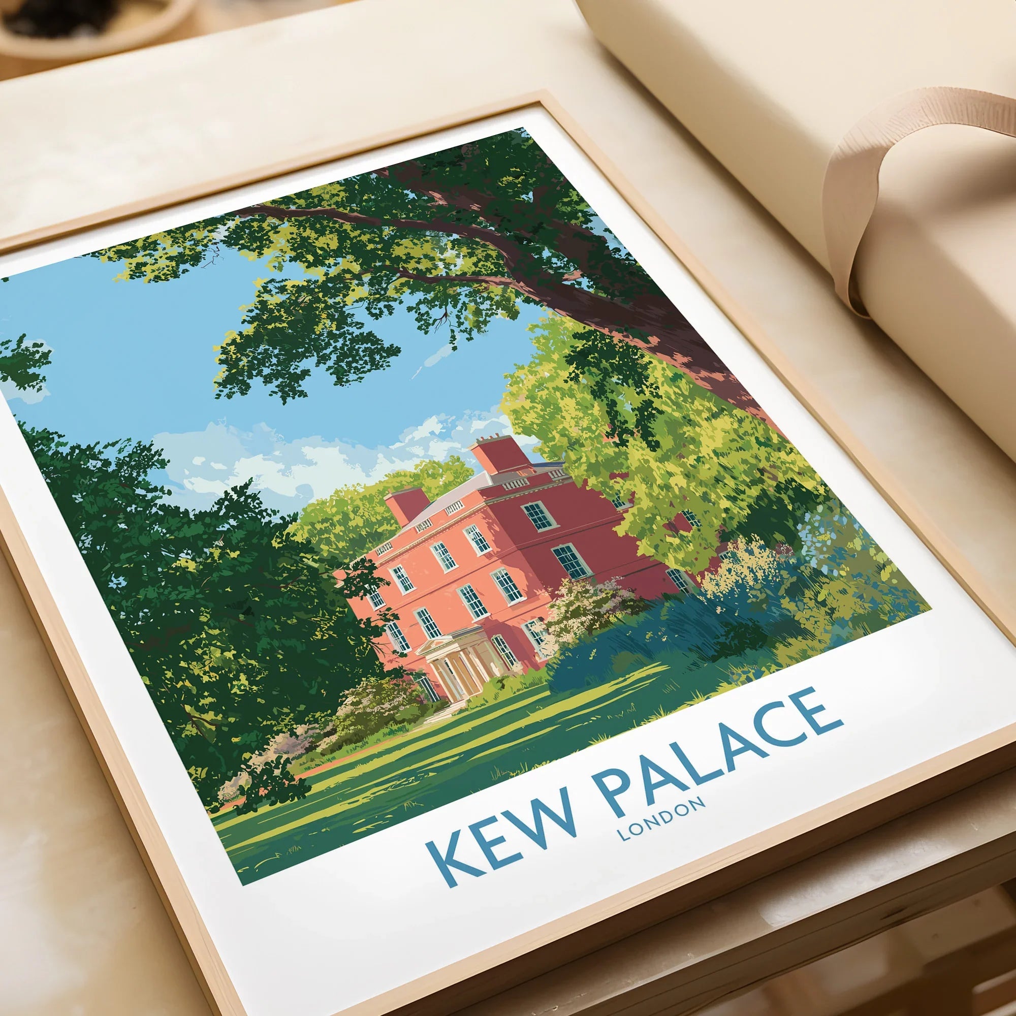 Framed Kew Palace London art print, vivid illustration with lush greenery, unwrapped gift