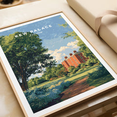 Framed Kew Palace London art print featuring a sunny garden landscape and red brick building