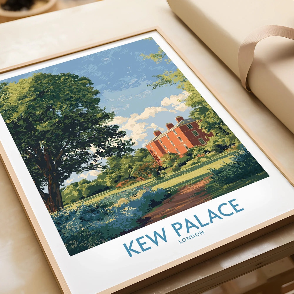 Framed Kew Palace London art print featuring lush greenery and a blue sky, unwrapped as a gift