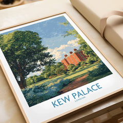 Framed Kew Palace London art print featuring lush greenery and a blue sky, unwrapped as a gift