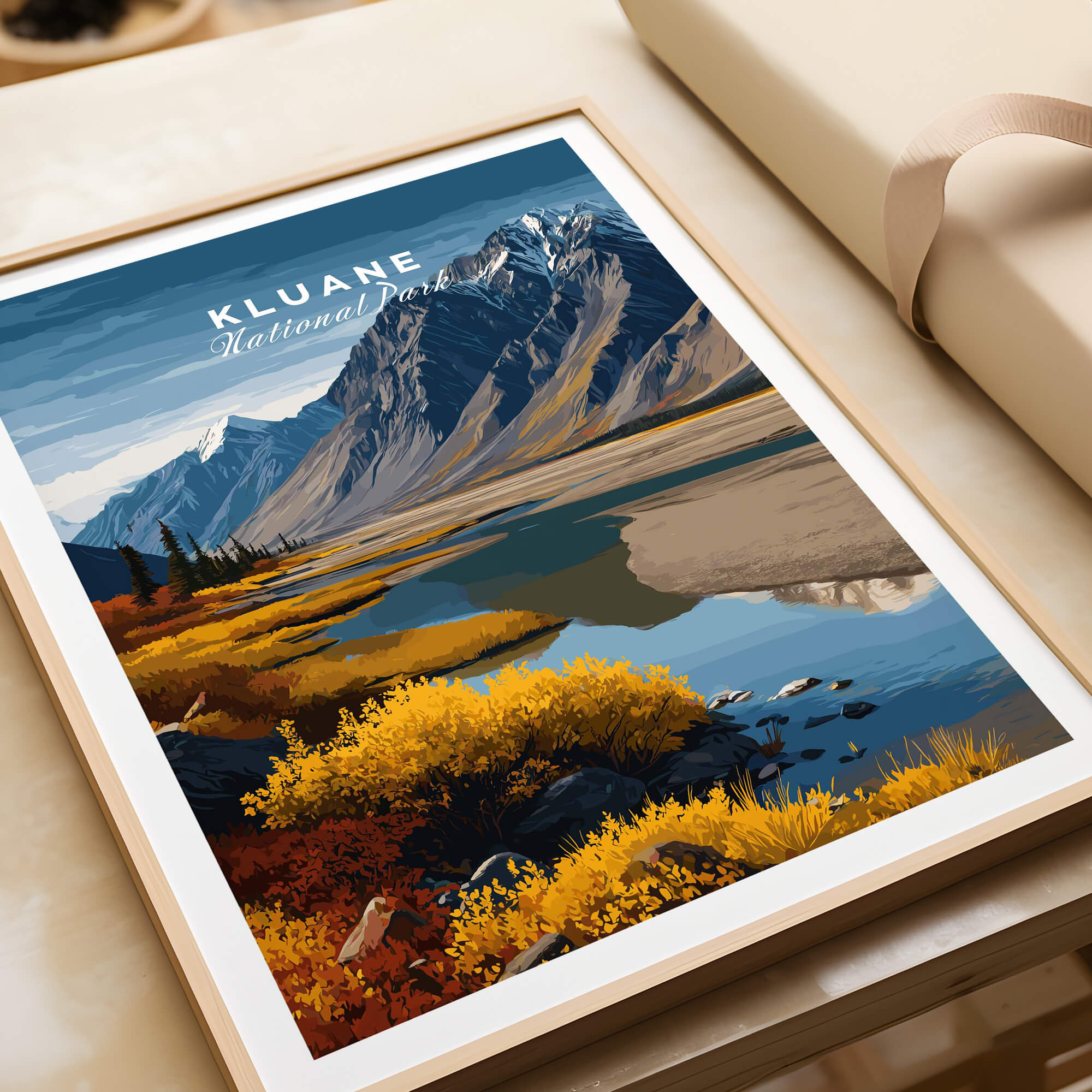 Kluane Travel Poster National Park Canada | Yukon Valley Wall Art Print depicting autumn colors in Kluane's stunning landscape.