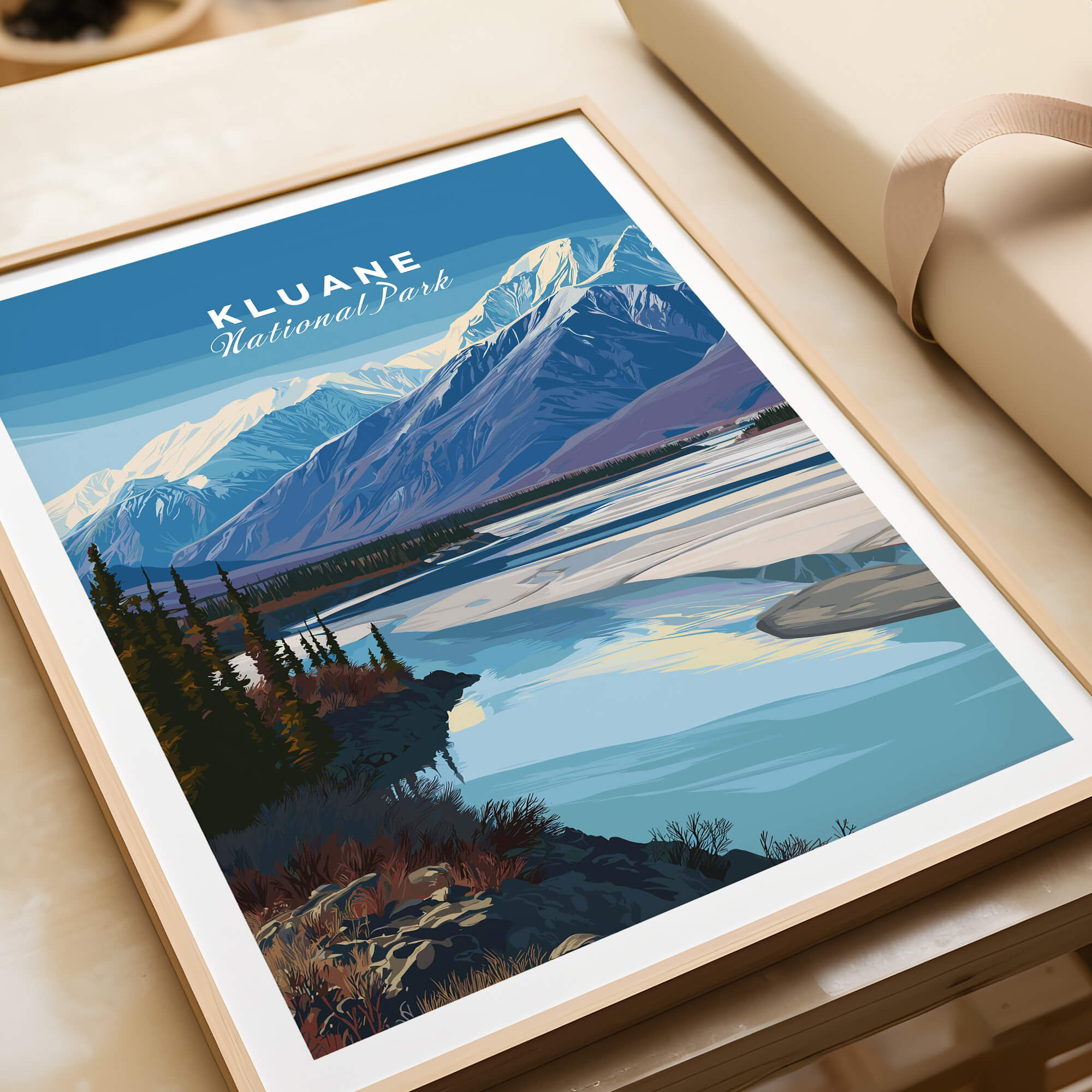 Kluane National Park Canada Wall Art Print | Scenic Yukon River Travel Poster featuring stunning mountain and river views.