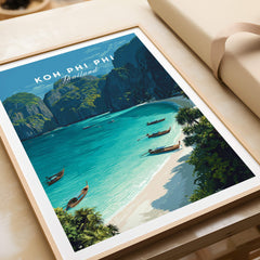 Koh Phi Phi Thailand Travel Poster | Maya Bay Tropical Beach Wall Art Print showcasing a vibrant tropical landscape.