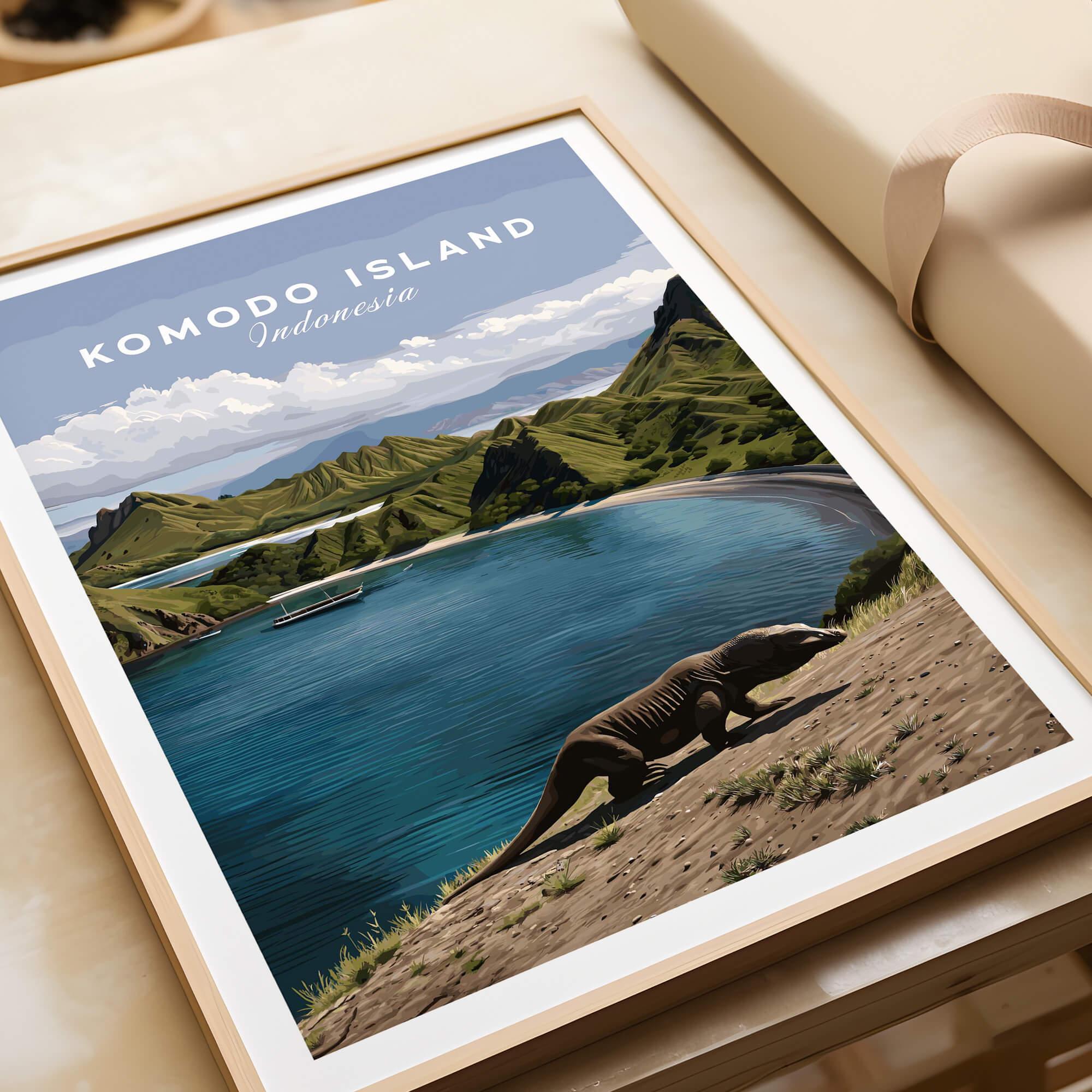 Framed Komodo Island Indonesia travel poster featuring Komodo dragon, landscape, and blue water