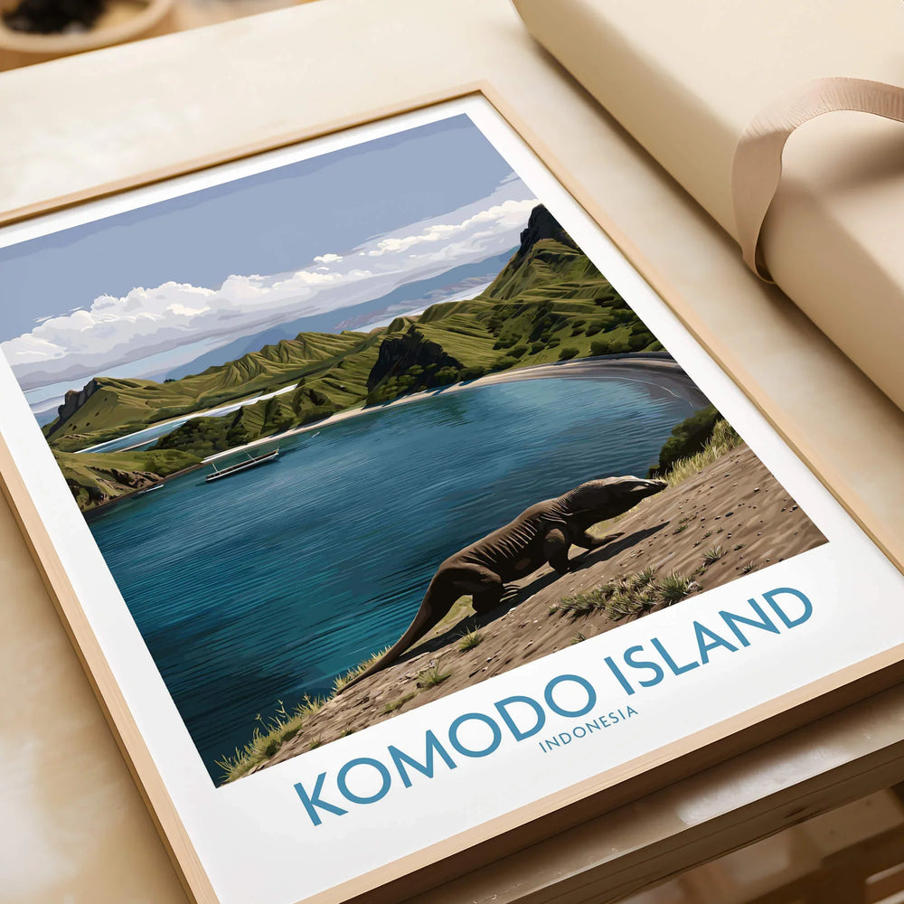 Framed Komodo Island travel art print with Komodo dragon and scenic coastal landscape