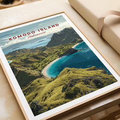 Framed Komodo Island Indonesia travel poster art print with coastal landscape close-up