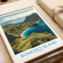 Framed Komodo Island travel art print featuring coastal landscape illustration