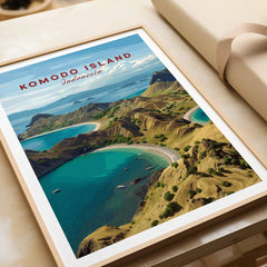 Framed Komodo Island Indonesia travel poster with coastal landscape, unwrapped as a gift
