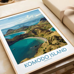 Framed Komodo Island travel poster print with scenic coastline and blue waters, unwrapped gift
