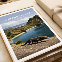 Komodo Island travel poster art print with Komodo dragon, natural wooden frame, gift unwrapped
