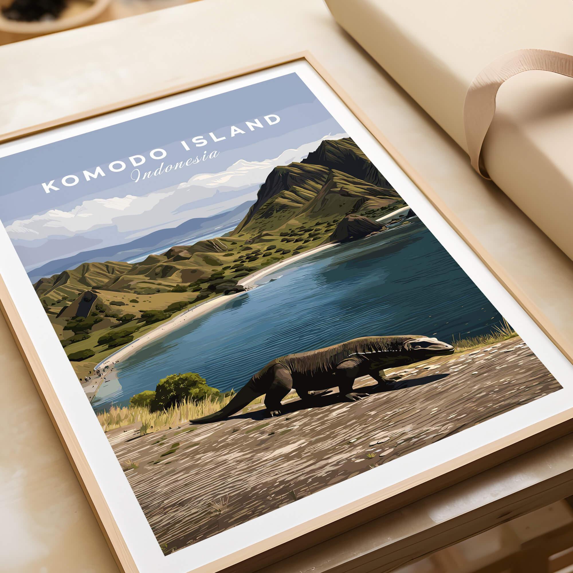 Komodo Island travel poster art print with Komodo dragon, natural wooden frame, gift unwrapped