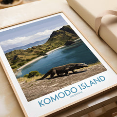 Framed Komodo Island travel poster with Komodo dragon, unwrapped gift, natural wood frame.